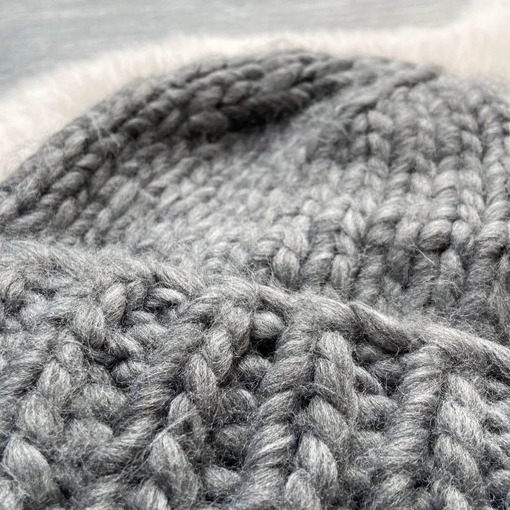 Grey beanie chunky braided knit wide fold over winter hat accessories OSFM